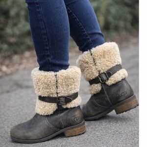 UGG Blayre Winter Ankle Boots Womens Size 7 Dark Olive Leather Sheepskin Cuff